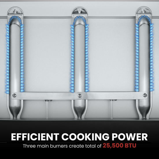 Three vertical stainless steel gas burners with blue flame graphics and a black banner at the bottom reading 'EFFICIENT COOKING POWER' and 'Three main burners create total of 25,500 BTU'.