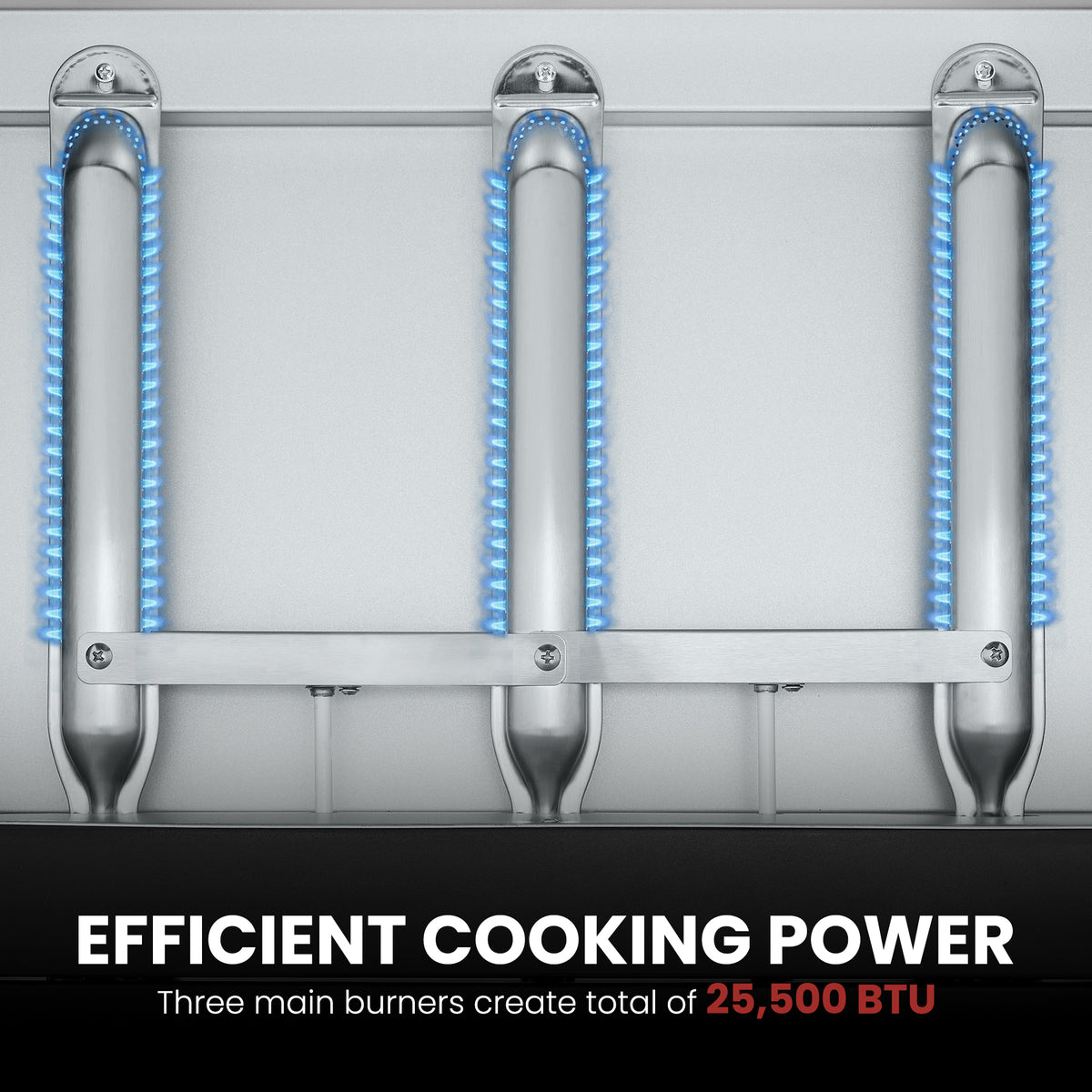 Three vertical stainless steel gas burners with blue flame graphics and a black banner at the bottom reading 'EFFICIENT COOKING POWER' and 'Three main burners create total of 25,500 BTU'.