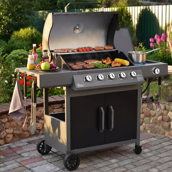 Royal Gourmet Gas grill with food on a patio