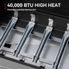 Close-up of a grill with 40,000 BTU high heat and stainless steel burners.