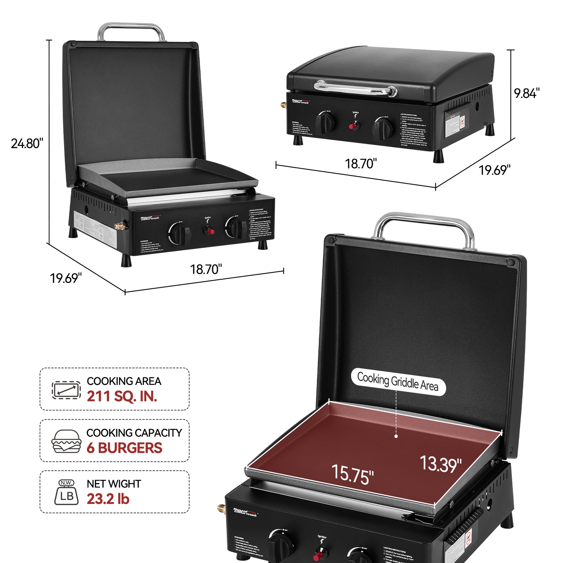 Portable Royal Gourmet grill with dimensions and features displayed on a white background