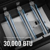 Royal Gourmet Stainless steel main burners with blue flames on a black background, featuring text about BTU power.