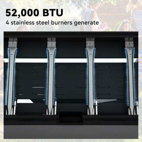 Close-up of a black Royal Gourmet appliance interior with four vertical stainless steel burners and blue flame-like accents, overlaid with the text '52,000 BTU 4 stainless steel burners generate' and a faded outdoor family scene in the background.