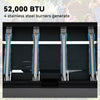 Close-up of a black Royal Gourmet appliance interior with four vertical stainless steel burners and blue flame-like accents, overlaid with the text '52,000 BTU 4 stainless steel burners generate' and a faded outdoor family scene in the background.