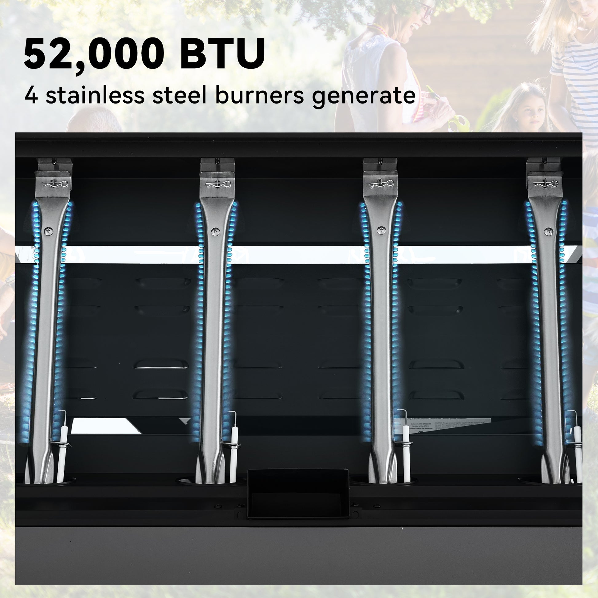 Close-up of a black Royal Gourmet appliance interior with four vertical stainless steel burners and blue flame-like accents, overlaid with the text '52,000 BTU 4 stainless steel burners generate' and a faded outdoor family scene in the background.