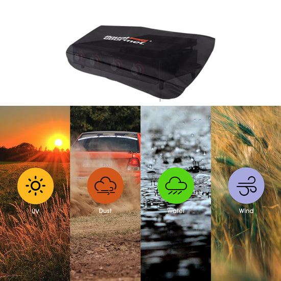 Car sunshade with brand logo on a white background, surrounded by icons and images of weather conditions.
