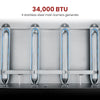 Close-up of a stainless steel Royal Gourmet gas burner assembly with four vertical burners and blue flame accents, with text reading '34,000 BTU' and '4 stainless steel main burners generate' on a white background.