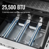 Close-up of a stainless steel Royal Gourmet grill or cooktop interior with three long burner tubes and blue flame-like glow, overlaid with the text '25,500 BTU' and '3 stainless steel main burners generate'.