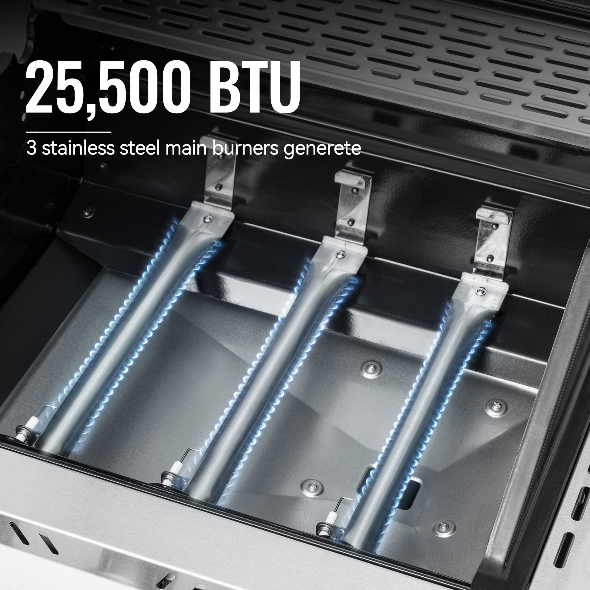 Close-up of a stainless steel Royal Gourmet grill or cooktop interior with three long burner tubes and blue flame-like glow, overlaid with the text '25,500 BTU' and '3 stainless steel main burners generate'.