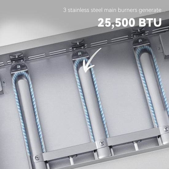 Three stainless Royal Gourmet  steel main burners generating 25,500 BTU on a gray background