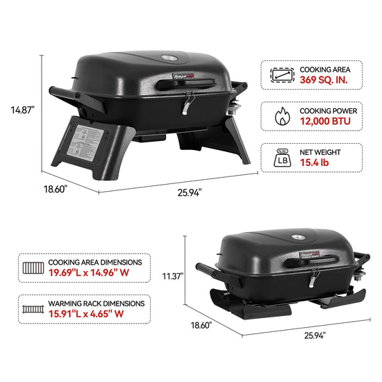 Royal Gourmet Portable grill with dimensions and specifications on a white background
