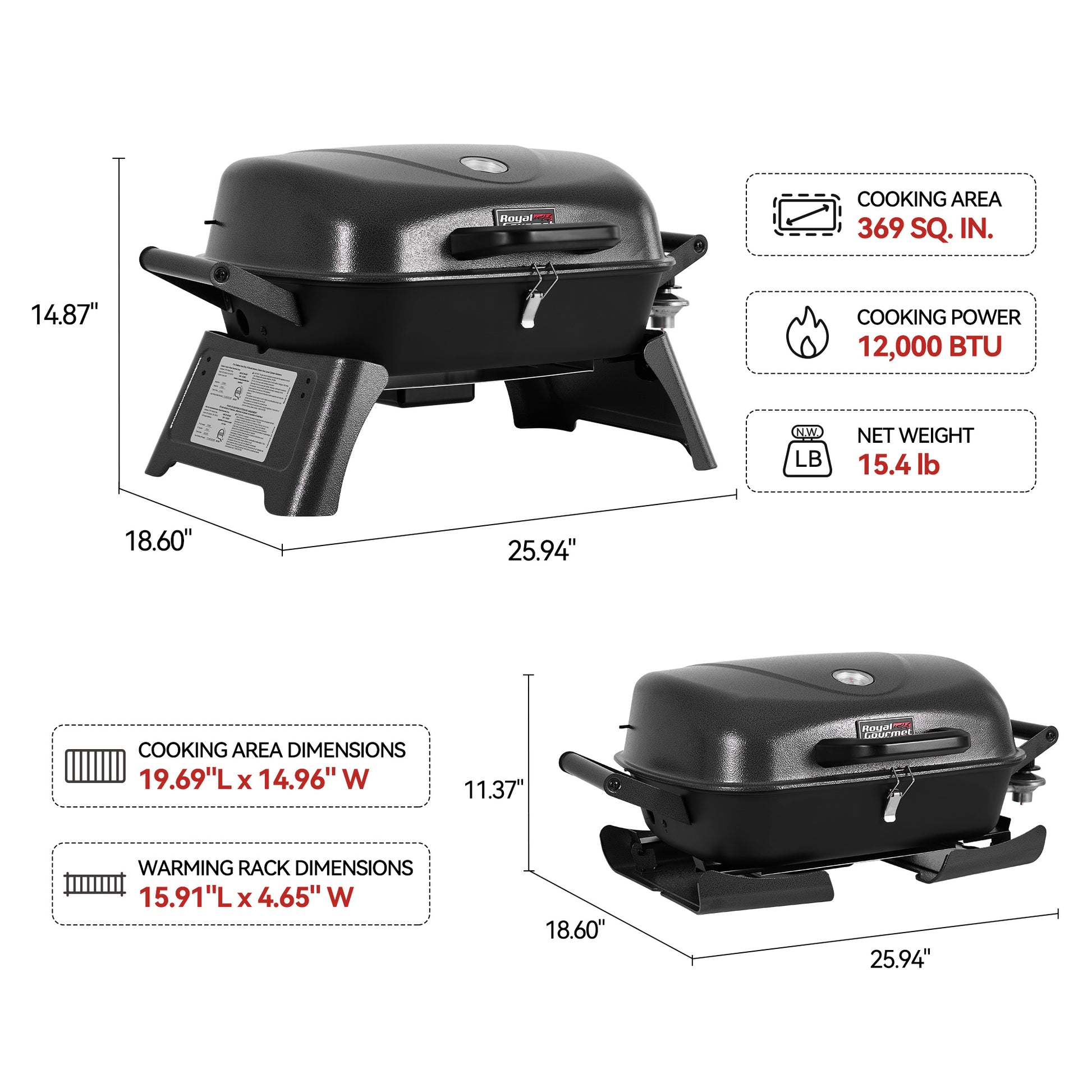 Royal Gourmet Portable grill with dimensions and specifications on a white background