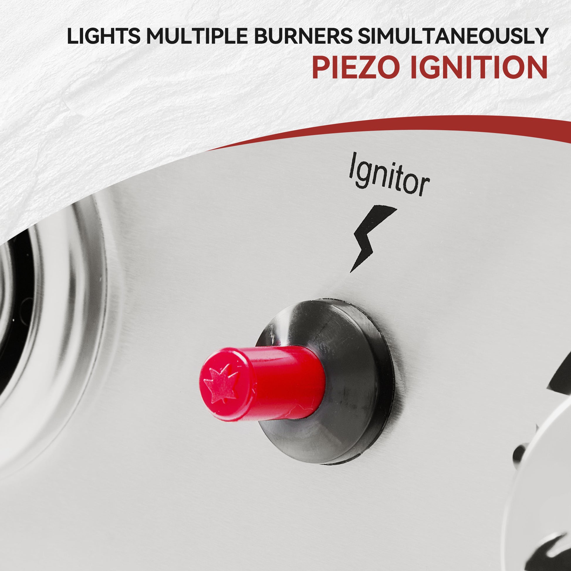 Piezo ignition button on a stove with text indicating simultaneous burner ignition.