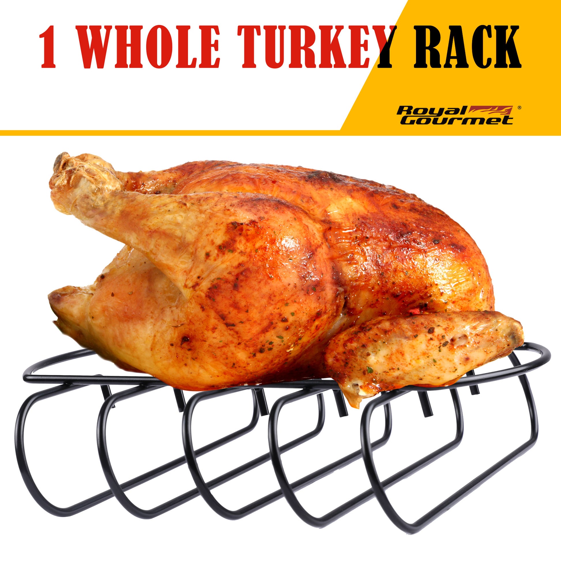 Roasted turkey on a rack with 'Royal Gourmet' branding