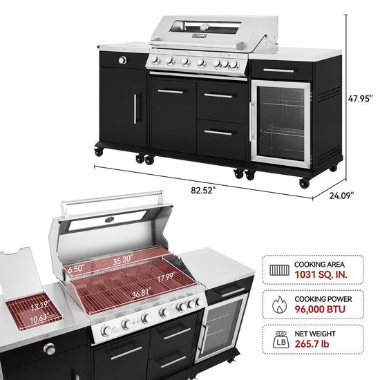 Black and stainless steel Royal Gourmet  outdoor gas grill with side cabinet, glass wine cooler, and dimension callouts on a white background, plus feature icons for cooking area, BTU, and net weight.