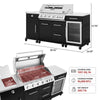 Black and stainless steel Royal Gourmet  outdoor gas grill with side cabinet, glass wine cooler, and dimension callouts on a white background, plus feature icons for cooking area, BTU, and net weight.