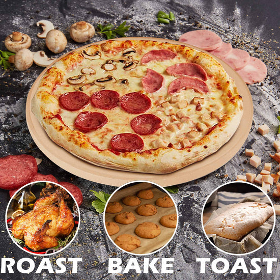 Pizza with various toppings on a wooden board, surrounded by ingredients and smaller images of roasted chicken, baked cookies, and toasted bread.