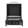 Black portable Royal Gourmet  gas grill with control knobs on a white background