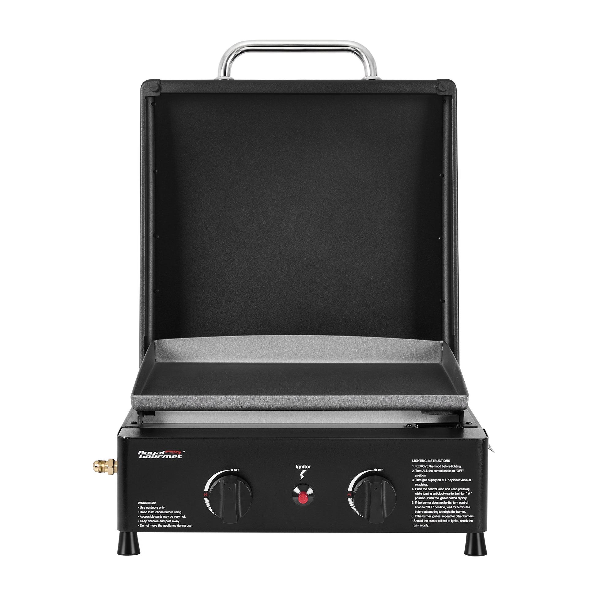 Black portable Royal Gourmet  gas grill with control knobs on a white background