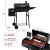 Royal Gourmet Black barbecue grill with dimensions and features on a white background