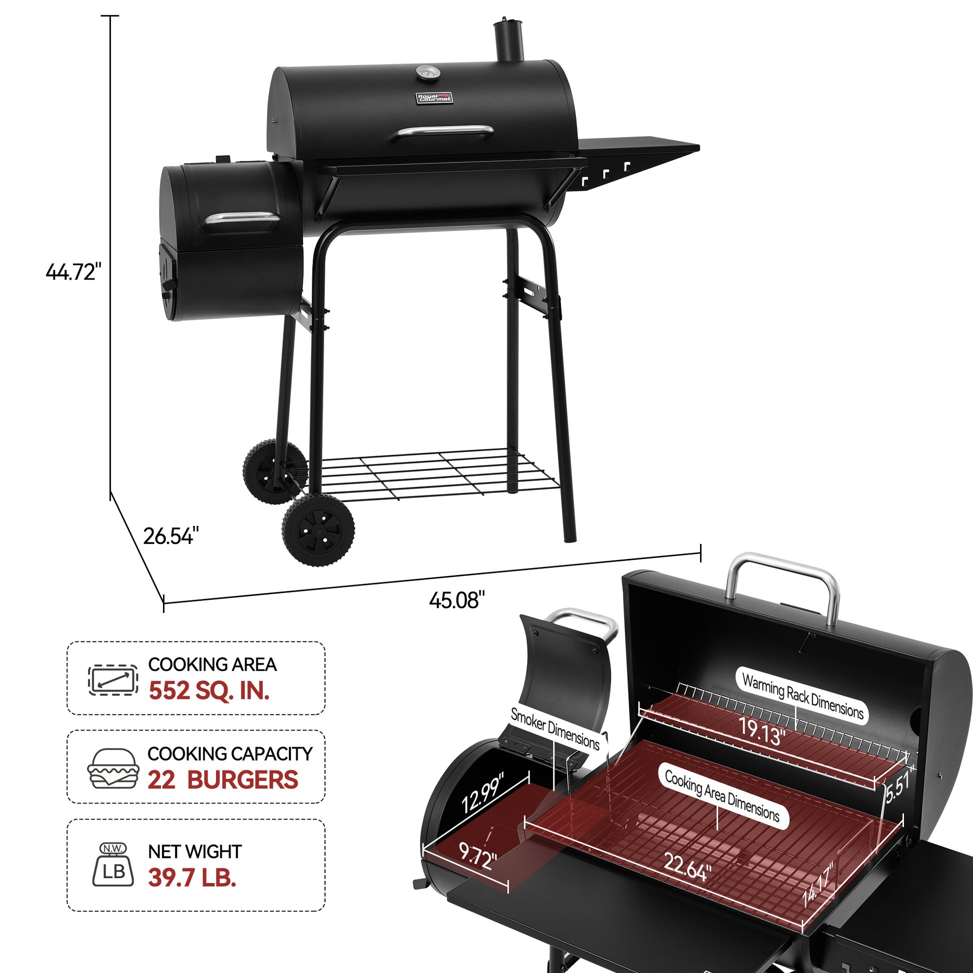 Royal Gourmet Black barbecue grill with dimensions and features on a white background