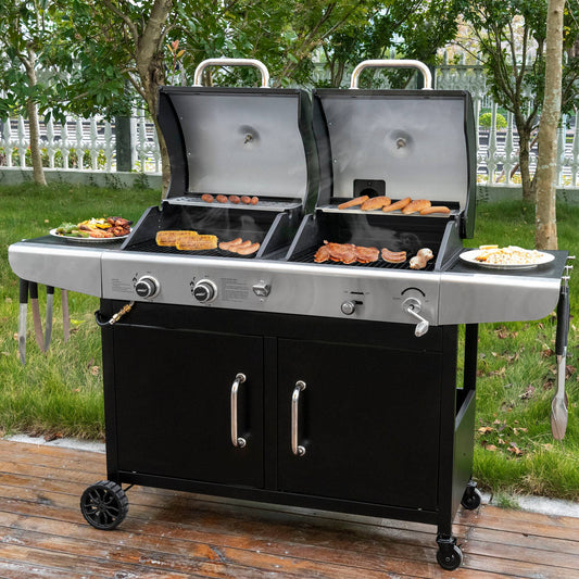 Royal Gourmet Dual-burner barbecue grill with food on a grassy outdoor area