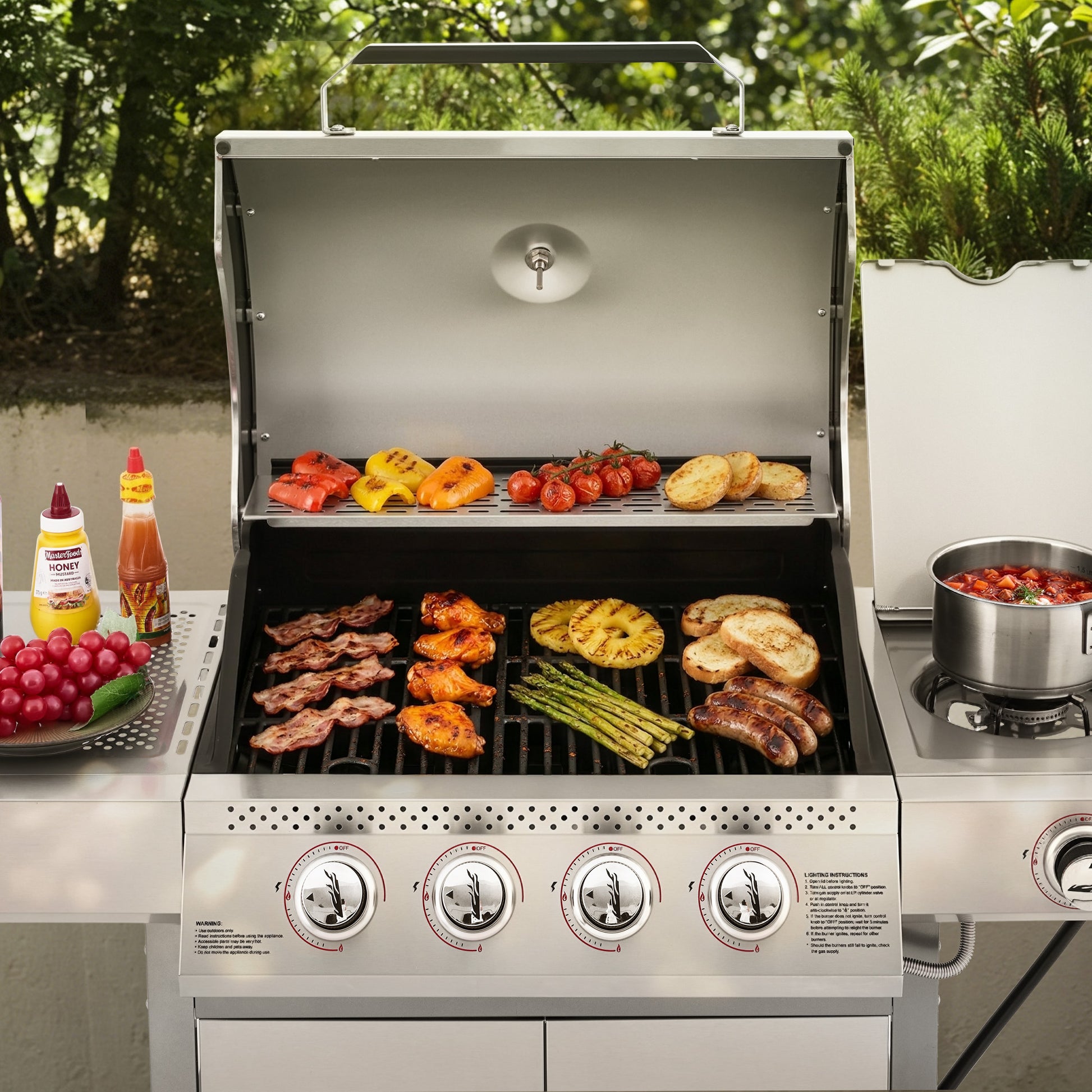 Stainless steel Royal Gourmet grill with food on a patio