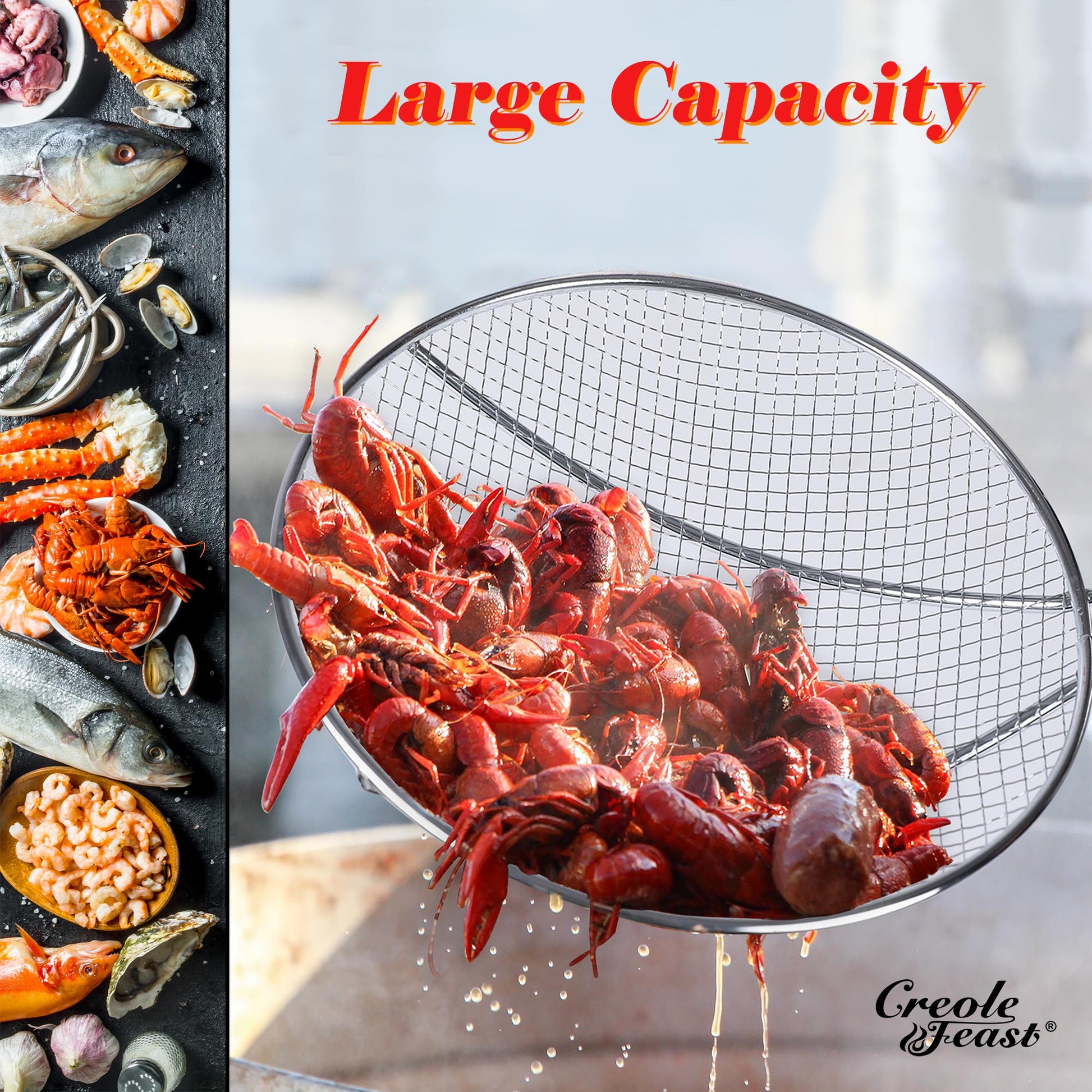 Large capacity strainer filled with crawfish next to seafood ingredients on a dark surface.