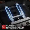 Close-up of a black Royal Gourmet gas grill interior showing two glowing blue burner flames, with a silver control panel and a red text badge reading '17,000 BTU TOTAL HIGH POWER'.