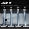 Stainless steel main burners with 40,000 BTU text on a black background