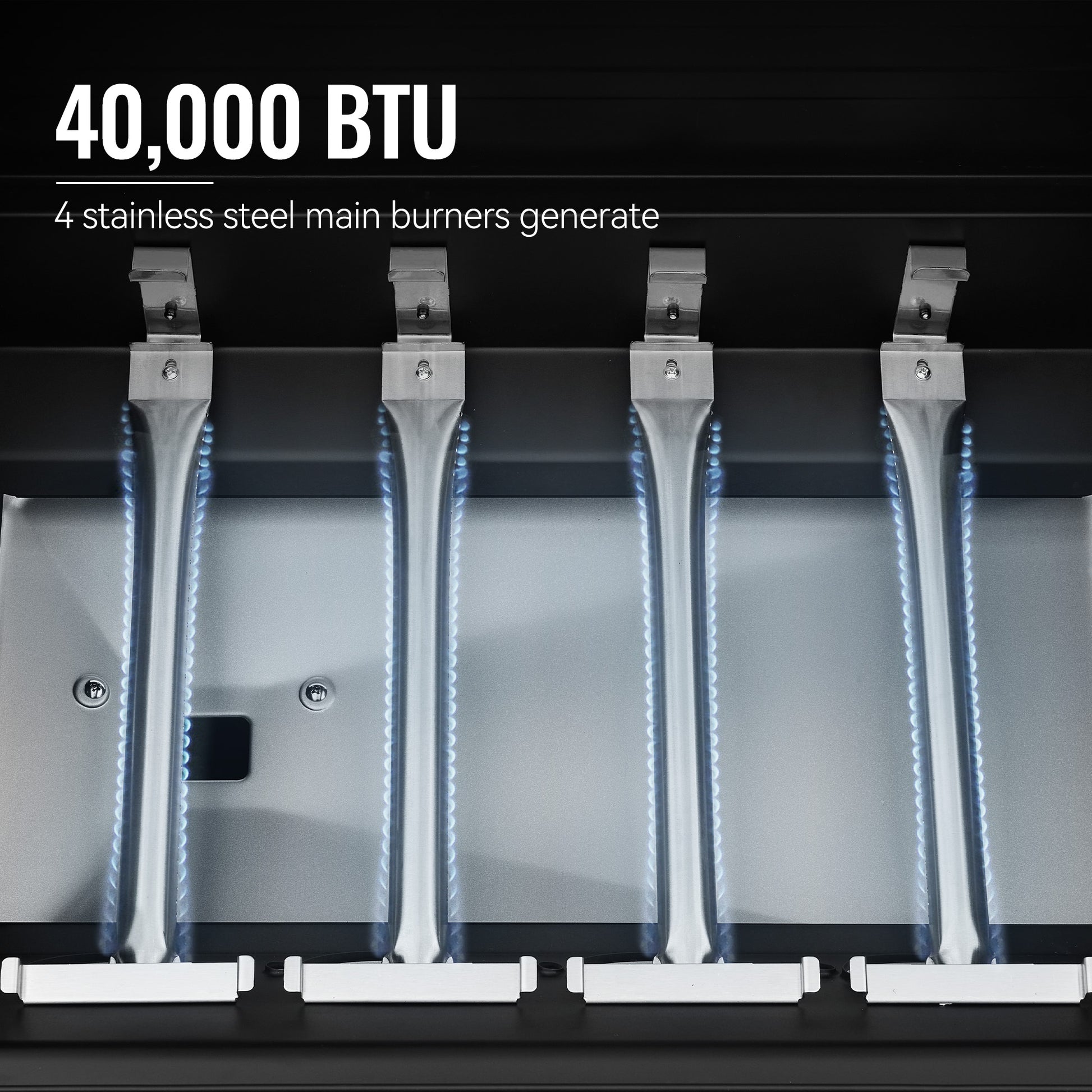 Stainless steel main burners with 40,000 BTU text on a black background