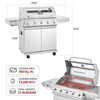 Royal Gourmet Stainless steel gas grill with dimensions and features displayed