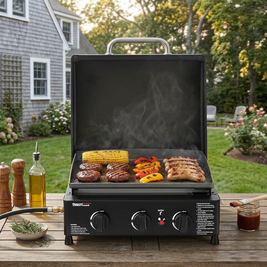 Royal Gourmet Portable grill with food cooking outdoors on a wooden table