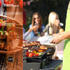 Person grilling outdoors with a focus on the Royal Gourmet  grill and food, alongside promotional text for Royal Gourmet grill.