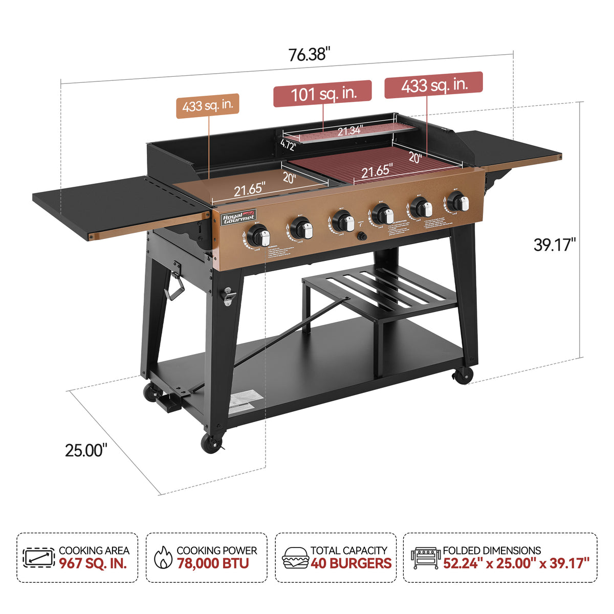 A freestanding Royal Gourmet  gas grill with side tables and a folding lower shelf, shown on a white background with overlaid dimensions and feature callouts. The product has a black exterior, a copper-toned front panel, and black wheels.