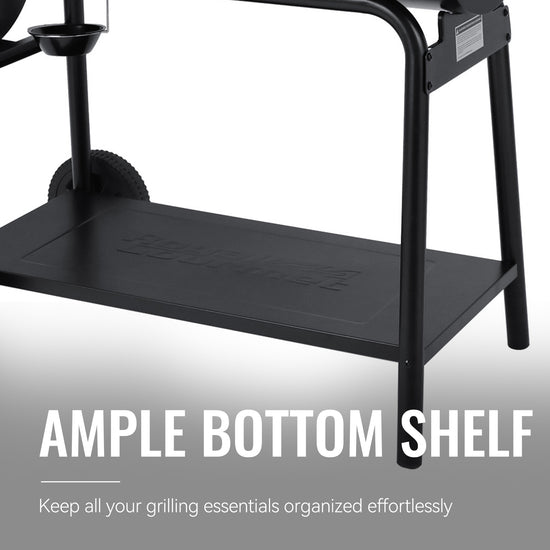 Black grill cart with ample bottom shelf on a white background