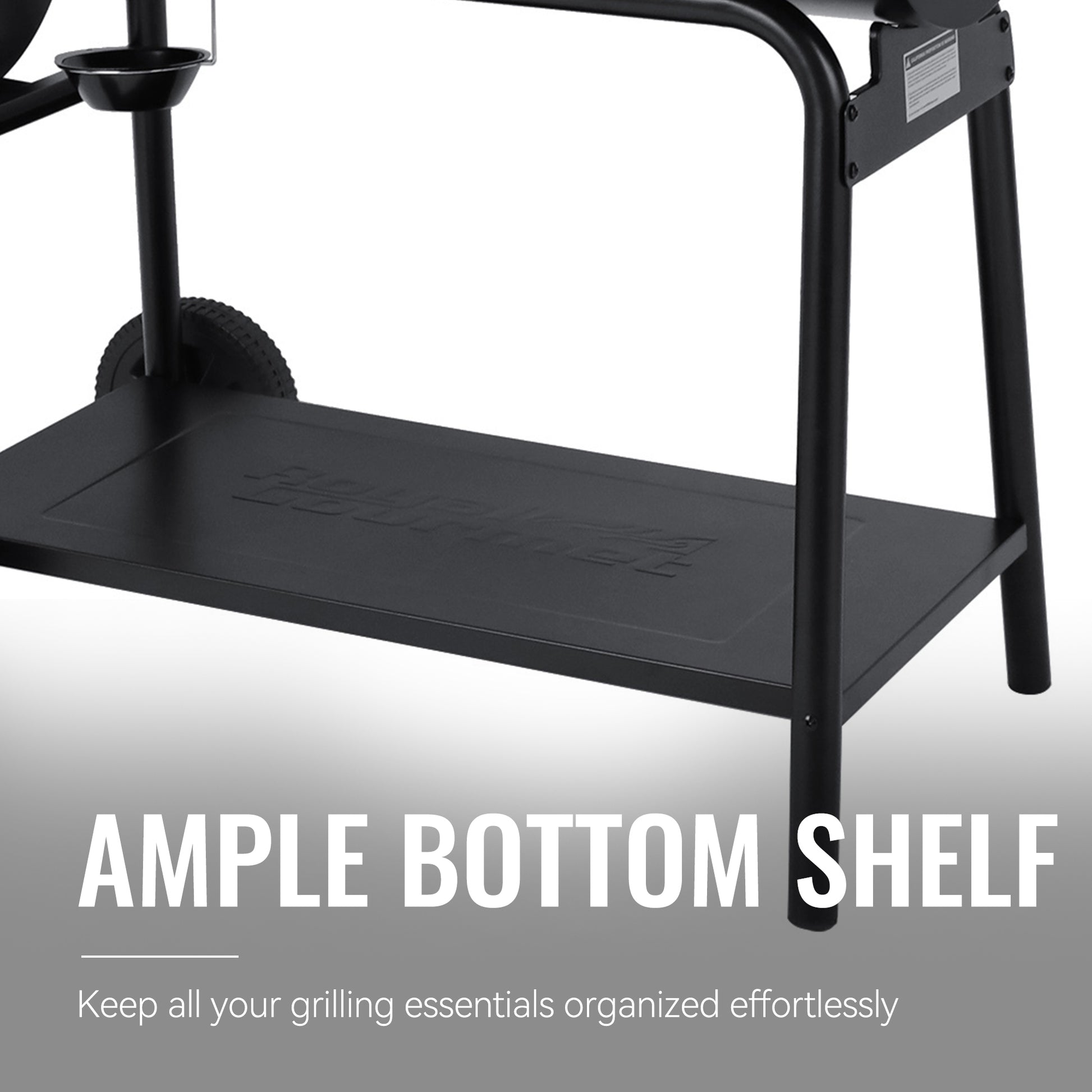 Black grill cart with ample bottom shelf on a white background