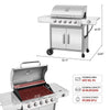 A stainless steel Royal Gourmet gas grill shown on a white background with dimension callouts and feature icons. The top view shows the full grill with side table, storage cabinet, and height measurements.