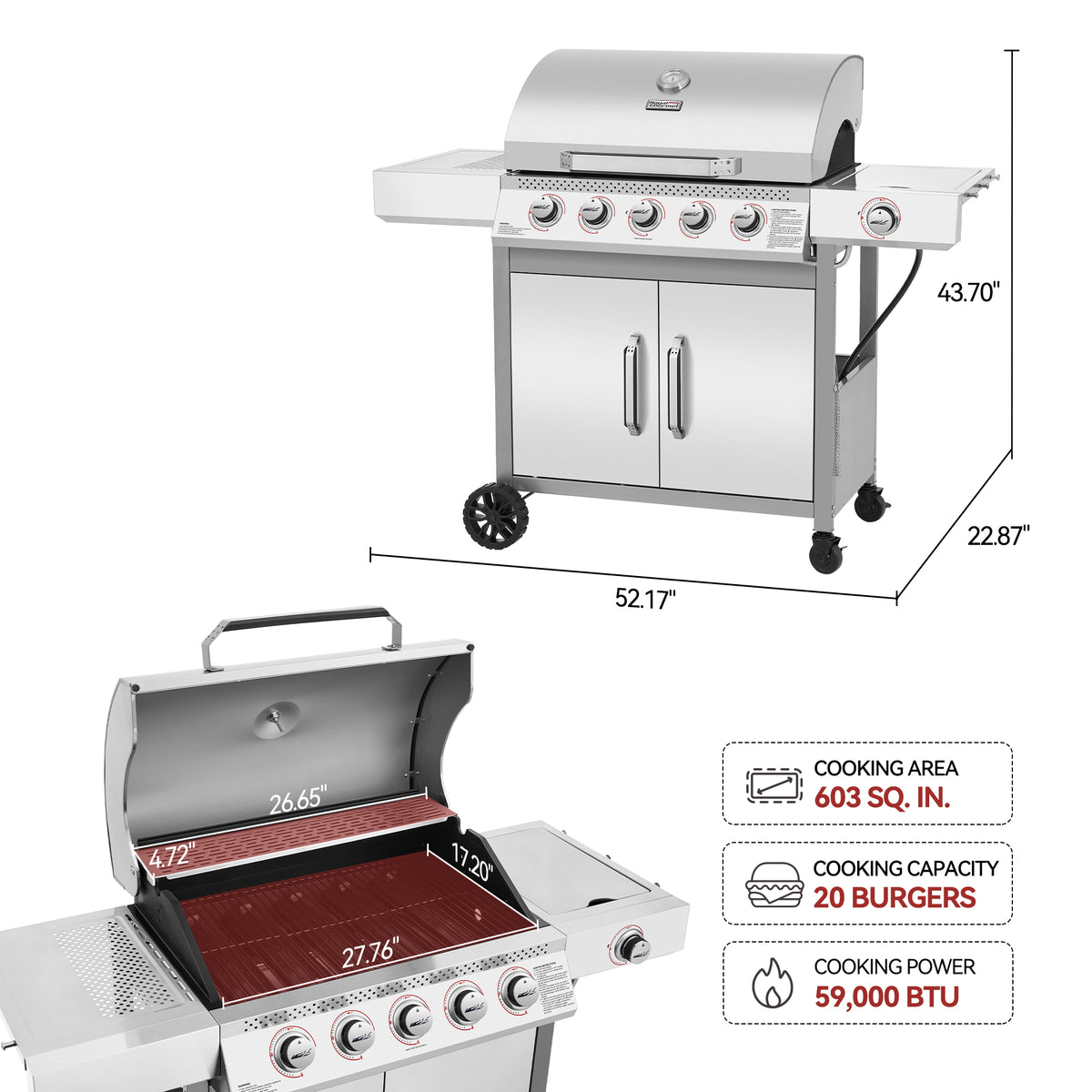 A stainless steel Royal Gourmet gas grill shown on a white background with dimension callouts and feature icons. The top view shows the full grill with side table, storage cabinet, and height measurements.