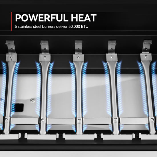 Close-up of a Royal Gourmet gas stove or grill showing five stainless steel burners with blue flame jets, with a black header reading 'POWERFUL HEAT' and '5 stainless steel burners deliver 50,000 BTU'.