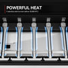 Close-up of a Royal Gourmet gas stove or grill showing five stainless steel burners with blue flame jets, with a black header reading 'POWERFUL HEAT' and '5 stainless steel burners deliver 50,000 BTU'.