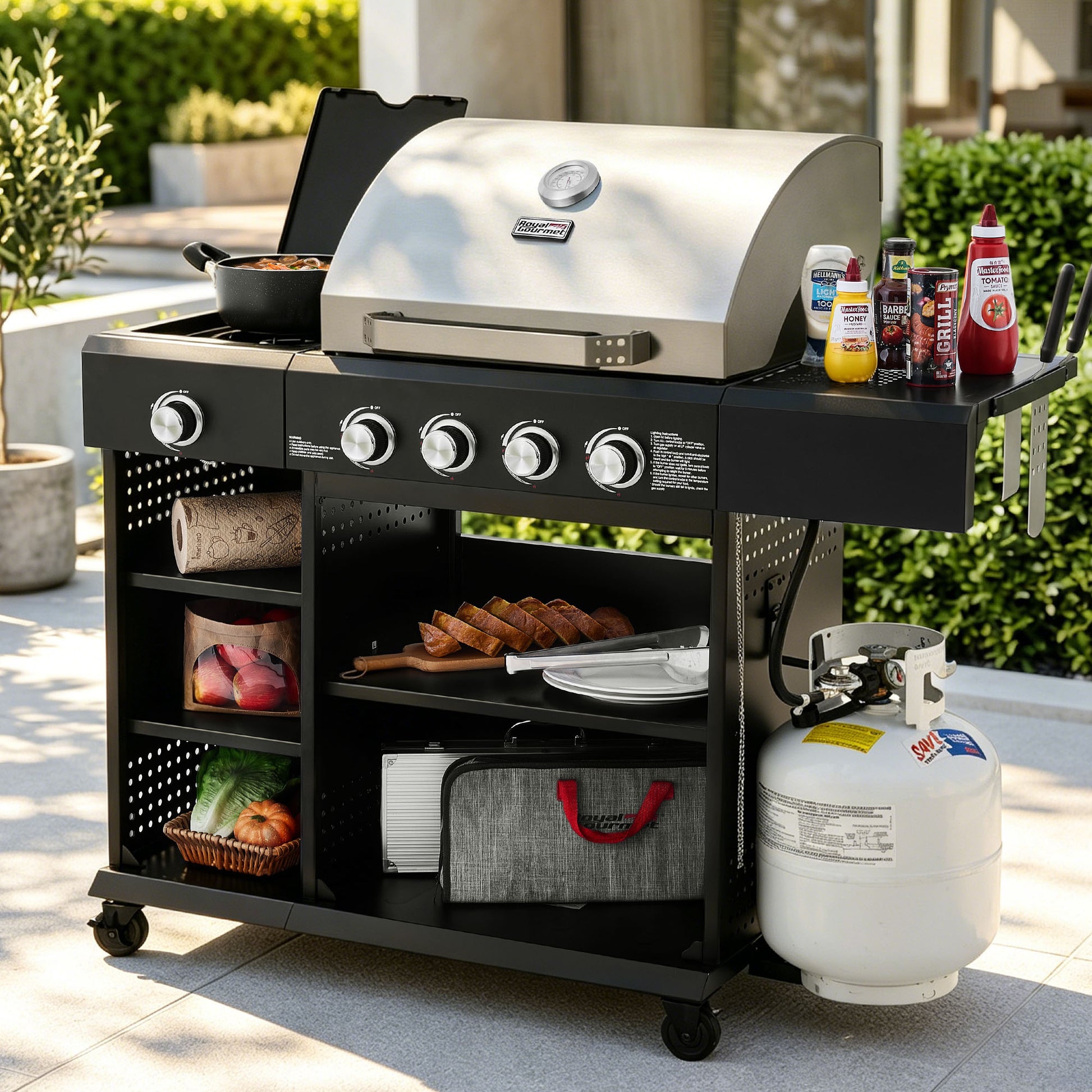 Outdoor Royal Gourmet grill with various items on a patio