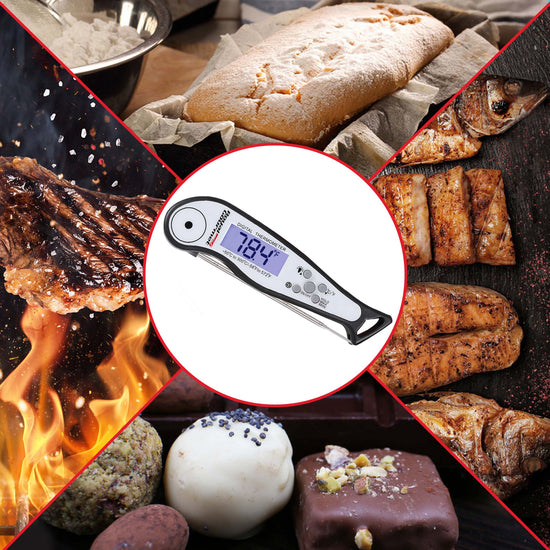 Collage of food items with a Royal Gourmet digital thermometer showing 78.4 degrees, surrounded by grilled meats, bread, and desserts.
