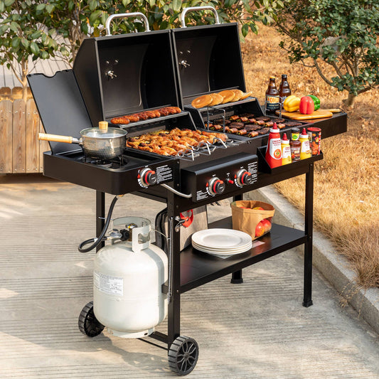 Royal Gourmet Portable gas grill with food on a patio