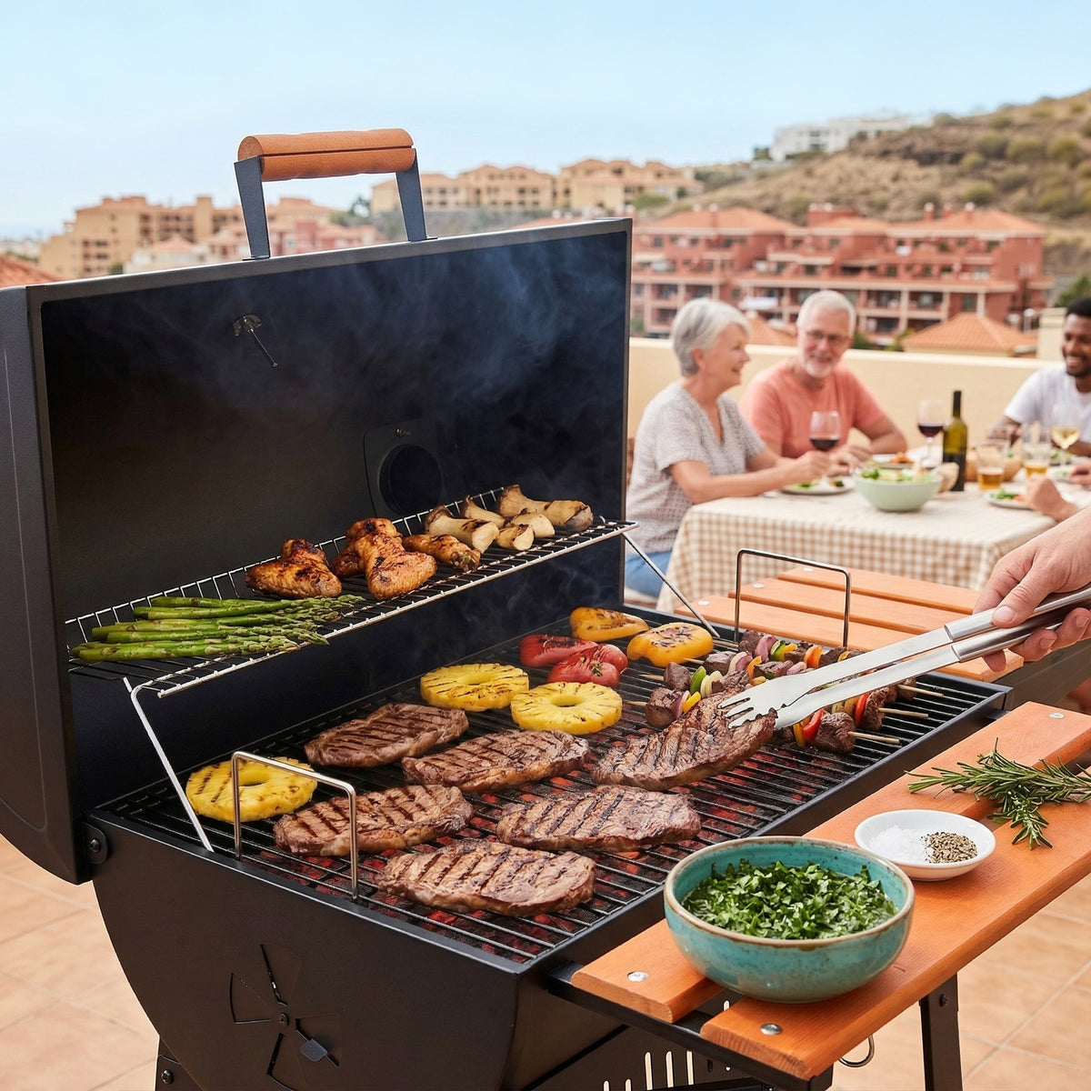 Royal Gourmet Barbecue grill with food being cooked outdoors, people sitting at a table in the background.
