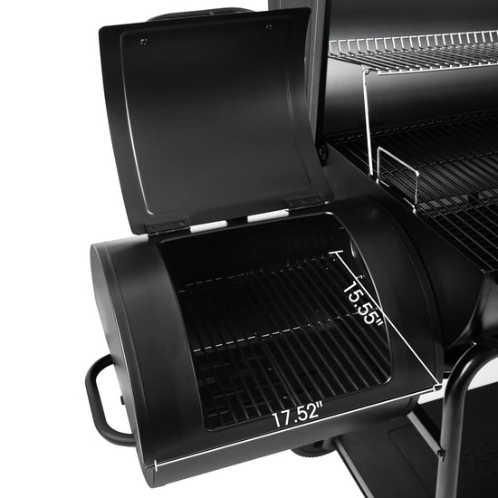 Black grill with open lid showing dimensions on a white background