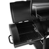 Black grill with open lid showing dimensions on a white background
