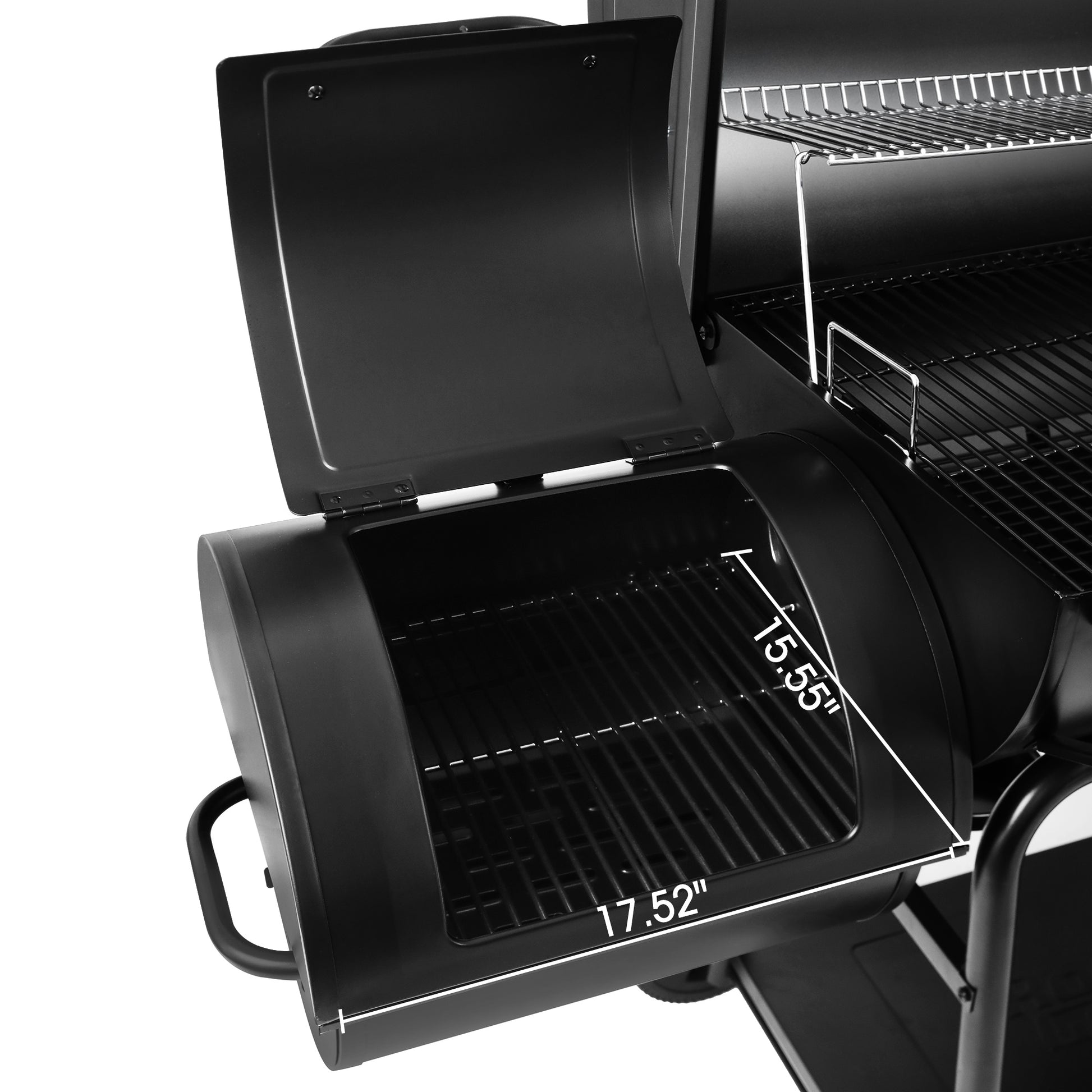 Black grill with open lid showing dimensions on a white background