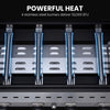 Stainless steel Royal Gourmet burners with glowing blue flames on a black background, labeled 'Powerful Heat' and '4 stainless steel burners deliver 52,000 BTU'.