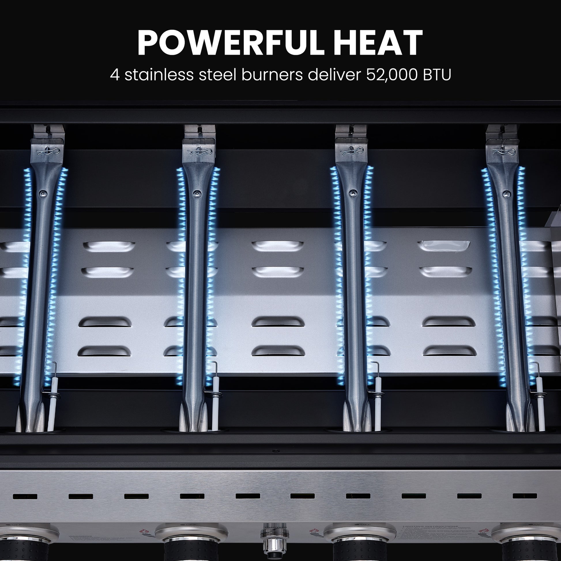 Stainless steel Royal Gourmet burners with glowing blue flames on a black background, labeled 'Powerful Heat' and '4 stainless steel burners deliver 52,000 BTU'.